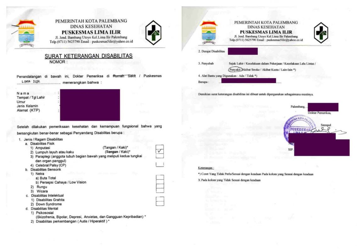 Surat Keterangan Disabilitas jenis dan derajat disabilitas